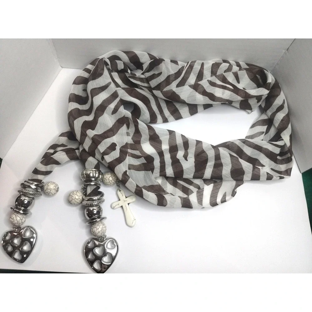 Zebra Print Scarf with Heart and Cross Jewelry Charms Brown White‎ Silver Boho